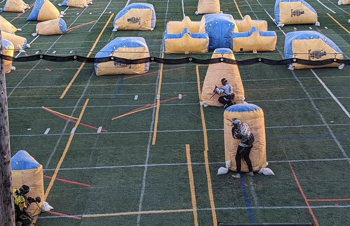 Players training on the inflatable field